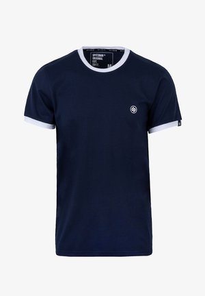Navyblauwe katoenen T-shirt met een witte geribbelde halslijn en mouwboorden. Heeft een klein logo op de borst. Klassieke pasvorm, korte mouwen.