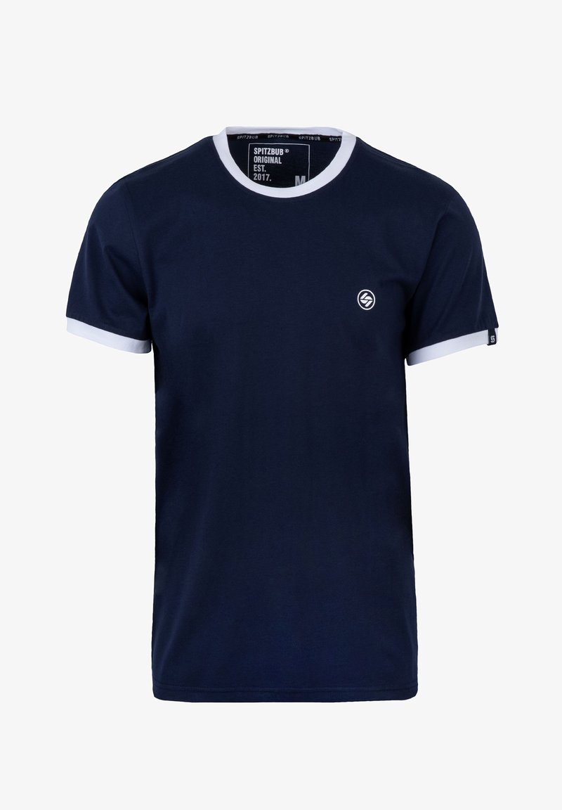 Marineblaue Baumwoll-T-Shirt mit weißem geripptem Halsausschnitt und Ärmelsäumen. Verfügt über ein kleines Logo auf der Brust. Klassische Passform, kurze Ärmel.