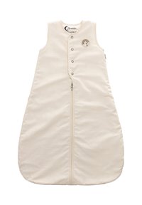 Baumwollschlafsack in Off-White mit einer glatten Textur, ausgestattet mit einem Frontreißverschluss, Druckknopfverschluss und einem gestickten Regenbogen-Detail.