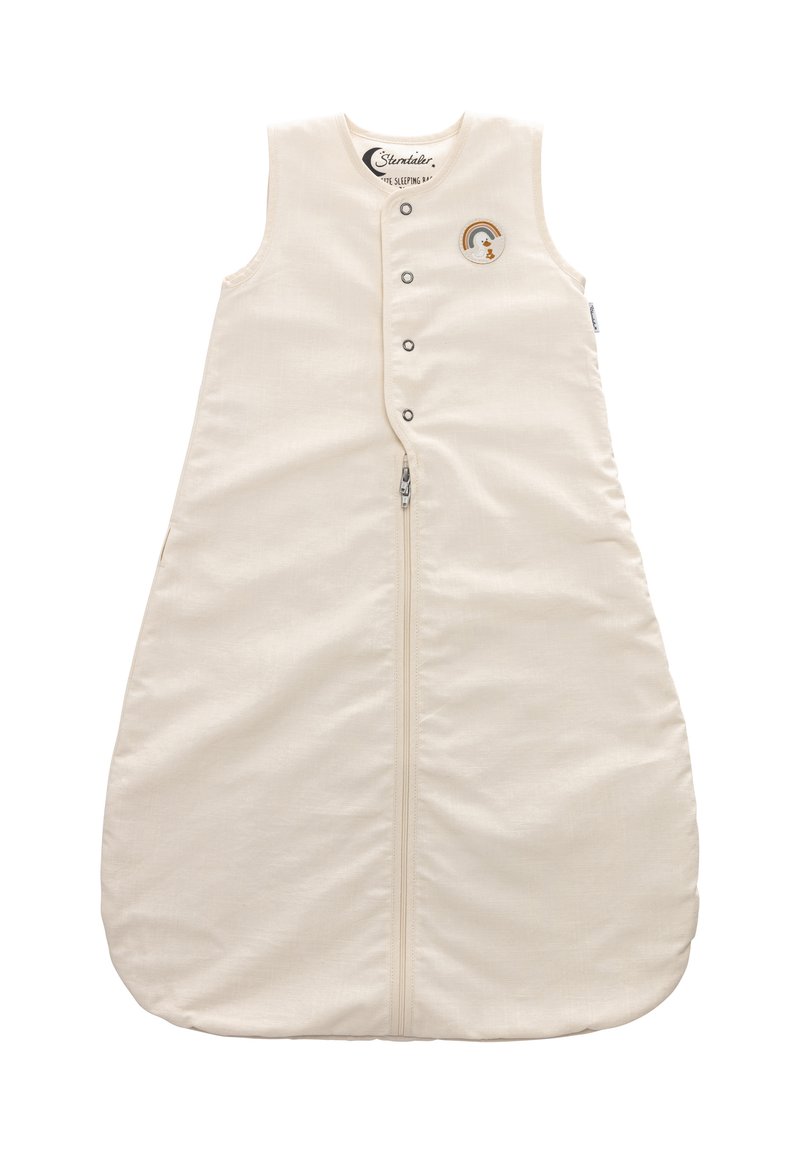 Baumwollschlafsack in Off-White mit einer glatten Textur, ausgestattet mit einem Frontreißverschluss, Druckknopfverschluss und einem gestickten Regenbogen-Detail.