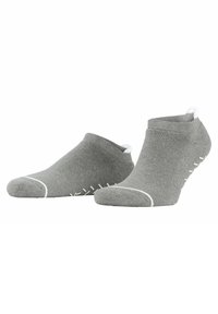 Graue Knöchelsocken aus einem Baumwollgemisch, mit weißen Akzenten an Zehen und Ferse sowie texturierten Gummigriffen an der Sohle für zusätzlichen Halt.