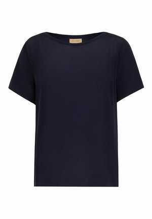 Navyblauwe blouse met korte mouwen, ronde halslijn en lichtgewicht stof, label binnenin de kraag met de tekst "Falconeri Mia Collection."