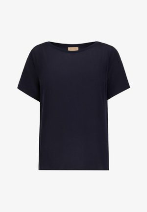 Navyblauwe blouse met korte mouwen, ronde halslijn en lichtgewicht stof, label binnenin de kraag met de tekst "Falconeri Mia Collection."