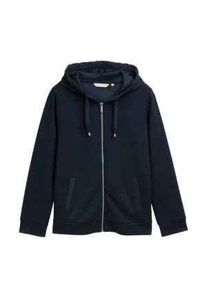 Navy zip-up hoodie made of soft fabric with a drawstring hood, two front pockets, and ribbed cuffs and hem. Smooth texture, minimalistic design.