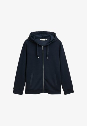Hoodie zippé marine en tissu doux avec une capuche à cordon, deux poches avant et des poignets et un ourlet côtelés. Texture lisse, design minimaliste.