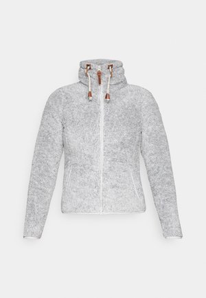 Fleece jacket with a high collar in light grey, featuring a full front zipper, side pockets, and brown cord accents at the hood.