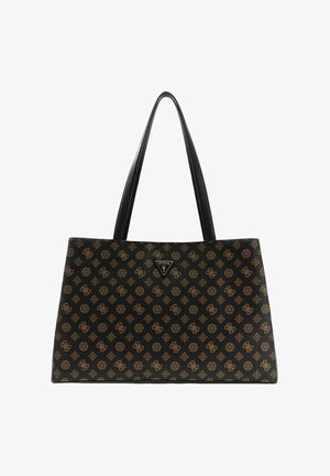 Sac fourre-tout noir avec motif de logo doré, confectionné en matériau synthétique lisse, doté de deux longues anses et d'un accent métallique triangulaire avec logo à l'avant.