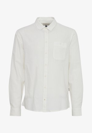 Weißes Langarmhemd aus Leinen, mit Button-Down-Kragen, Brusttasche und regulärem Knopfverschluss. Glatte Textur.