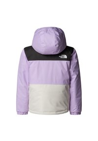 Fargerik jakke i fiolett, svart og krem. Har hette, elastiske mansjetter og en hvit logo på den svarte delen. Jevn, teksturert stoff.