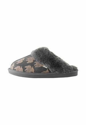Gray slipper with a plush, furry cuff, featuring a black and gold animal print design, and a textured rubber sole.