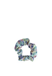 Fascia per capelli in tessuto di un verde chiaro con motivi cartoon multicolore, con unicorni e stelle, design elasticizzato arricciato.