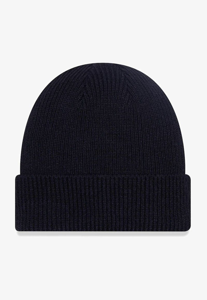 Knitted navy blue beanie with a folded cuff, featuring a ribbed texture and a snug fit, suitable for colder weather.