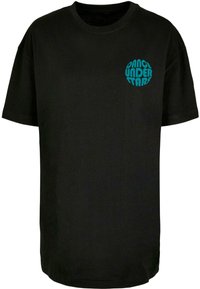 Black cotton t-shirt with a loose fit. Features a teal circular graphic text reading "DANCE UNDER STARS" on the left chest area.