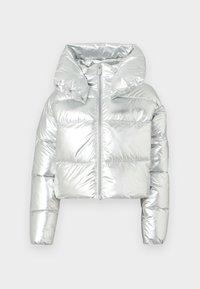 Silver metallic puffer jacket with a cropped design, oversized hood, zip closure, and quilted texture; features elasticated cuffs.