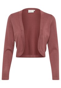 Háčkovaný kardigan v pudrově růžové barvě, s otevřeným předním dílem, dlouhými rukávy a lehkou pletenou strukturou. Minimalistický design bez vzorů.
