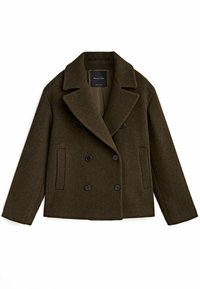 Dubbellaags, donkergroen wollen jas met een geknipt kraag, twee vo pockets en zwarte knopen. Textuurafwerking met een gestructureerde vorm.