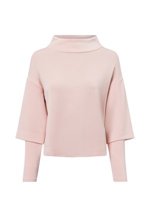 Haut à manches longues rose clair avec un col haut, des manches larges et un design court. Fabriqué en tissu doux et lisse avec une coupe décontractée.