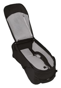 Borsa da viaggio nera con apertura a zip, interno grigio, spallacci regolabili e tasca in rete. Forma rettangolare con costruzione robusta.
