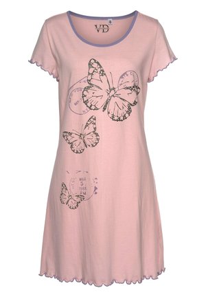 Pink nightgown with short sleeves, scalloped edges, and butterfly graphics. Features a lilac collar and printed postal motifs. Cotton material.