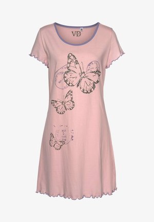 Pink nightgown with short sleeves, scalloped edges, and butterfly graphics. Features a lilac collar and printed postal motifs. Cotton material.