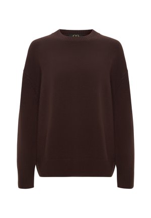 Brauner Strickpullover mit rundem Halsausschnitt, überschnittenen Schultern und gerippten Bündchen. Die Textur ist leicht gemustert und glatt.