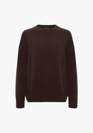 Barna kötött pulóver, kerek nyakkivágással, ejtett vállakkal és bordázott mandzsettákkal. A textúrája enyhén mintás és sima.