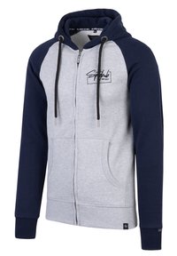 Gevoerd hoodie met een grijze body en marineblauwe mouwen, voorzien van een logo, trekkoorden en zijzakken. Gemaakt van een zachte, gestructureerde stof.