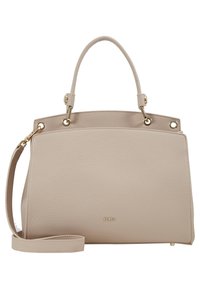 Sac à main en cuir beige Furla avec poignée supérieure, bandoulière amovible, quincaillerie dorée et petit logo doré au centre à l'avant.