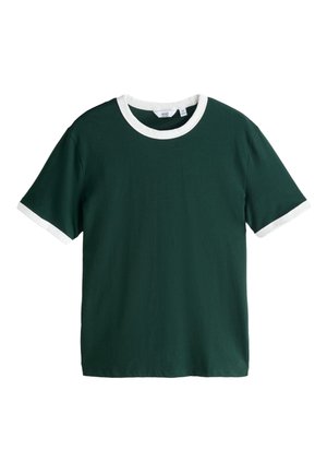 T-shirt verde scuro a maniche corte con colletto bianco e bordi delle maniche, scollo rotondo e orlo dritto.