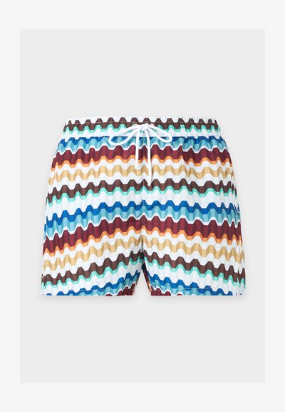 Short de bain homme avec des rayures zigzag multicolores en bleu, marron, beige, orange et blanc, featuring une taille avec lien blanc.