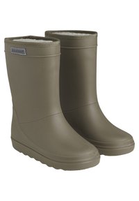 Oliivinvihreät kumisaappaat, joissa on sileä pinta, pyöreä kärki ja fleecevuori. Saappaissa on ommeltu reuna ja etuosassa etiketti.