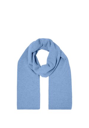 Soft light blue knitted scarf folded in a loop with two straight ends, displayed on a plain white background.