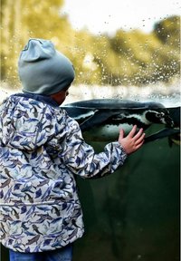 Barn iført en mønstret vandtæt jakke med fiske motiver, blå jeans og en lys blå hue, der rører ved et glasakvarium.