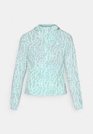 Light blue jacket with a leopard print pattern, featuring a hood and long sleeves, made from a smooth, lightweight fabric.