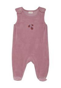 Rompers en velours rose avec boutons d'épaule, ornés de trois coccinelles brodées sur le devant. Texture douce, design sans manches, avec pieds.