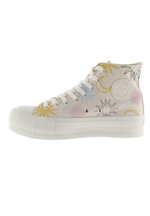 Sneakers alte in tela bianche con motivi a esplosione multicolore. Presentano lacci bianchi, punte in gomma e suola testurizzata.
