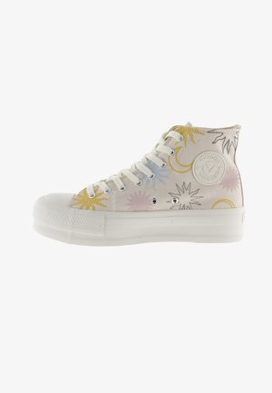 Zapatillas de lona altas en blanco con patrones de explosión multicolor. Presentan cordones blancos, una tapa de goma en la puntera y suela texturizada.