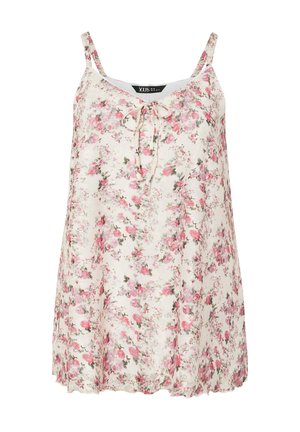 Canottiera floreale in tessuto leggero; presenta un motivo floreale rosa e verde, spalline sottili regolabili e un fiocco al collo.