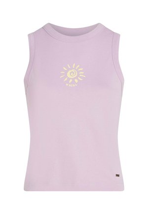 Lilakasto brezrokavnik iz mehkega bombaža. Na sredini je sončni spiralni logotip v rumeni barvi. Ravna roba brez dodatnih okraskov.