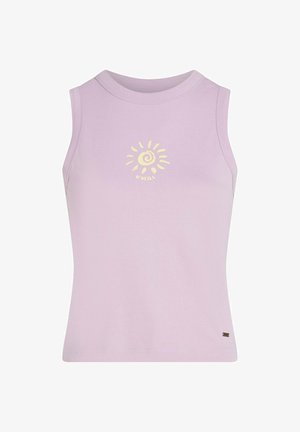 Lila ujjatlan felső puha pamutból. Közepén sárga, napos spirál logóval. Egyenes szegélyű, további díszítés nélkül.