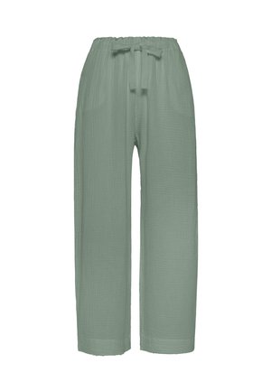 Pantaloni largi de culoare verde deschis, dintr-un material texturat, cu talie elastică și fundă din material legată în față.