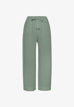 Pantaloni largi de culoare verde deschis, dintr-un material texturat, cu talie elastică și fundă din material legată în față.