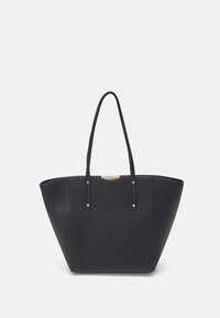 Sac fourre-tout noir à forme structurée, en similicuir lisse, avec deux poignées, un accent en métal doré en haut, sans motifs apparents.