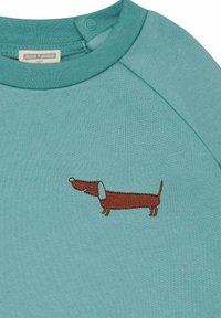 Türkise Sweatshirt aus Baumwolle, mit einem braunen gestickten Dackel auf der Vorderseite und Druckknopfverschluss am Halsausschnitt.