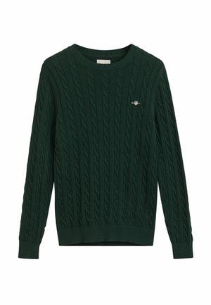 Pull en tricot de couleur vert foncé avec un motif en torsade, col rond, poignets et ourlet côtelés. Détail du logo emblématique sur la poitrine.