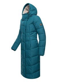 Teal padded coat with a hood, featuring a zip front, textured fabric, side pockets, and ribbed cuffs for extra warmth.
