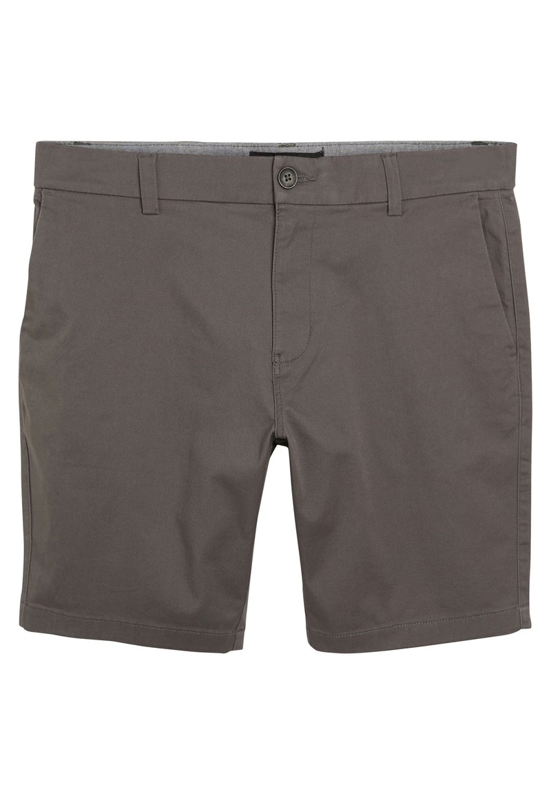 Graue Baumwollshorts mit Knopfverschluss, zwei vorderen Taschen und sauberen Kanten. Die Textur ist glatt mit matter Oberfläche.
