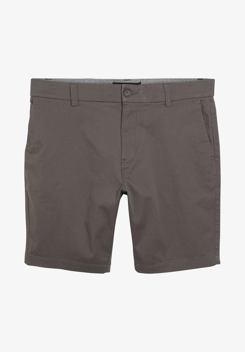 Sive bombažne kratke hlače z gumbom za zapiranje, dvema sprednjima žepoma in čistimi robovi. Tekstura je gladka z mat površino.