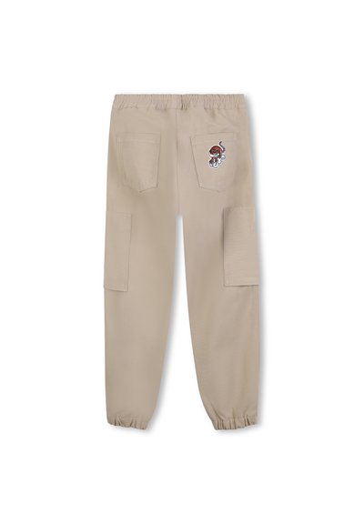 Beige cargobroeken met een elastische tailleband, twee zijzakken en een achterzak met een geborduurd octopusontwerp.
