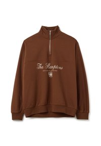 Felpa marrone a metà zip con la scritta "The Hamptons" e "East End of Long Island" e uno stemma stampato in bianco sul davanti.